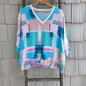 Tyler Boe 100% Silk Abstract Watercolor Oversized Boxy Top sz XS Blue Pink